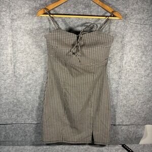 French Kiss Brown Black Gingham Sweetheart Neckline Tie Front Mini Dress Size L